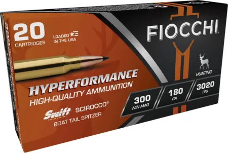 Fiocchi 300WMSCA Hyperformance  300WinMag 180gr Swift Scirocco II Boat Tail Spitzer 20 Per Box/10 Case