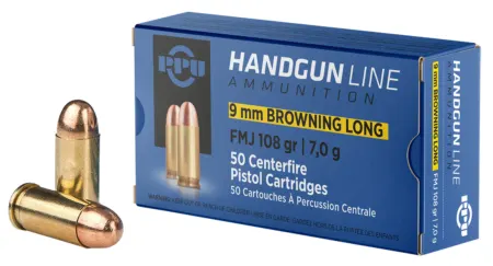 PPU PPH9BL Handgun  9mmBrowningLong 108gr Full Metal Jacket 50 Per Box/20 Case