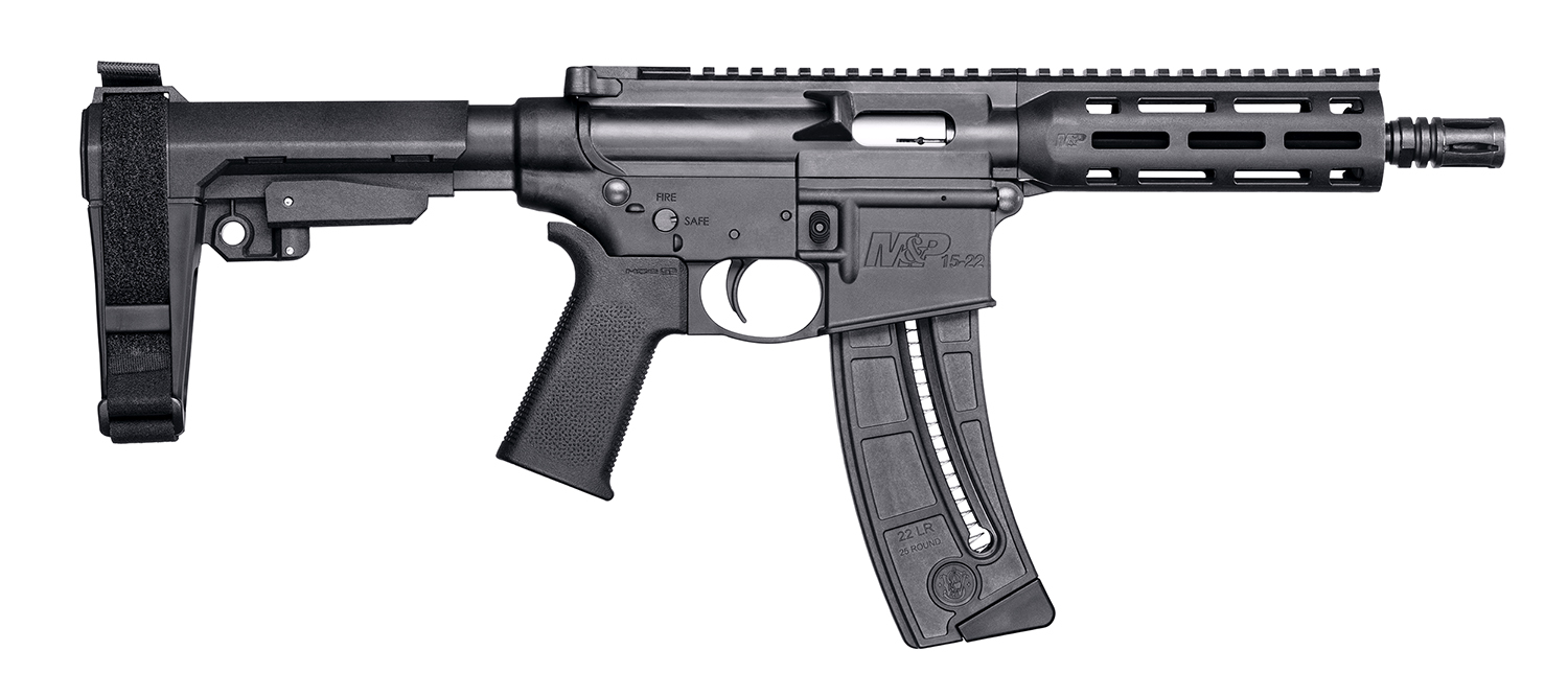 Smith & Wesson 13321 M&P15  Pistol 22 LR 8" Black Carbon Steel Barrel 25+1, Black SB Tactical SBA3 Adjustable Arm Brace Stock, Black Magpul MOE Grip, Manual Safety, Optics Ready