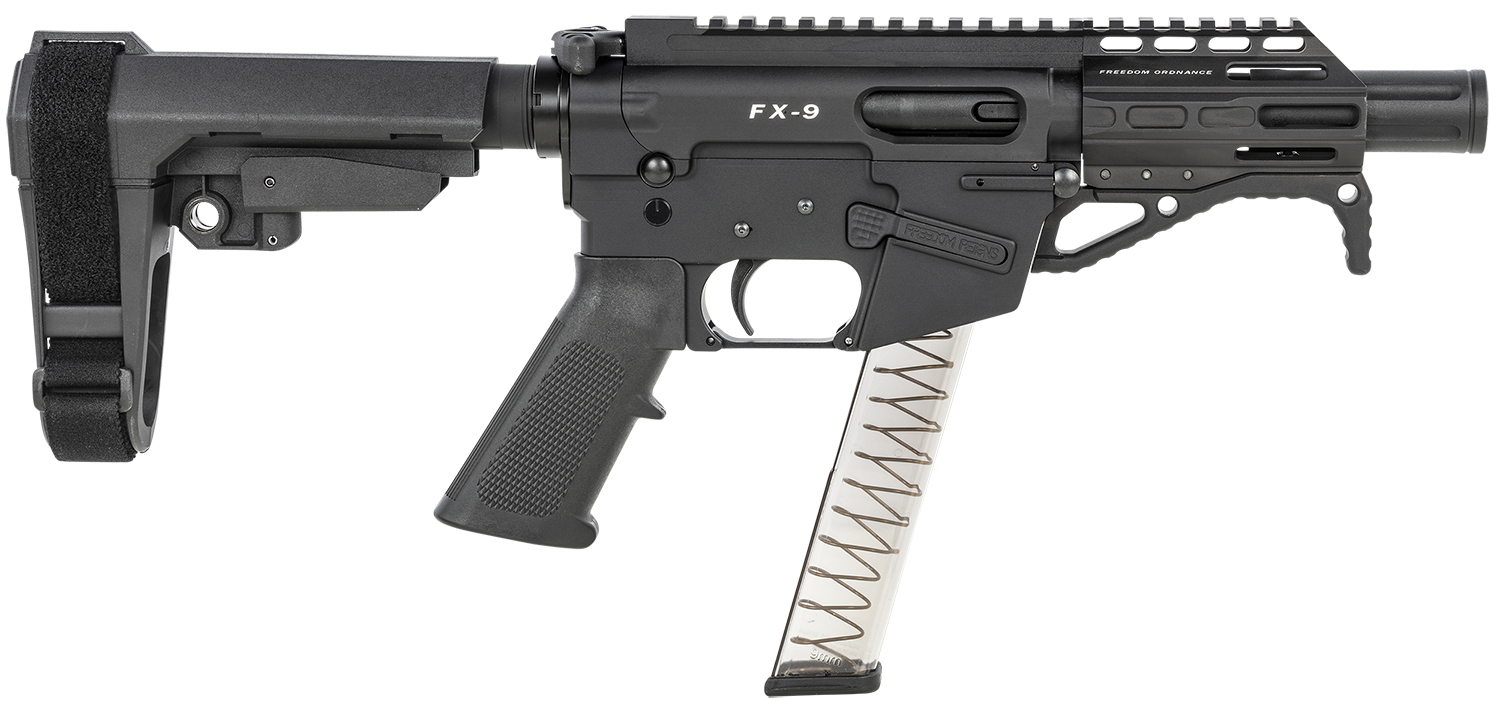 Freedom Ordnance FX9P4S FX-9 9mm Luger 31+1 4" Black Nitride Barrel w/Faux Suppressor, Black Hard Coat Anodized Aluminum Receiver, SB Tactical SBA3 Pistol Brace Stock, Black Polymer Grip