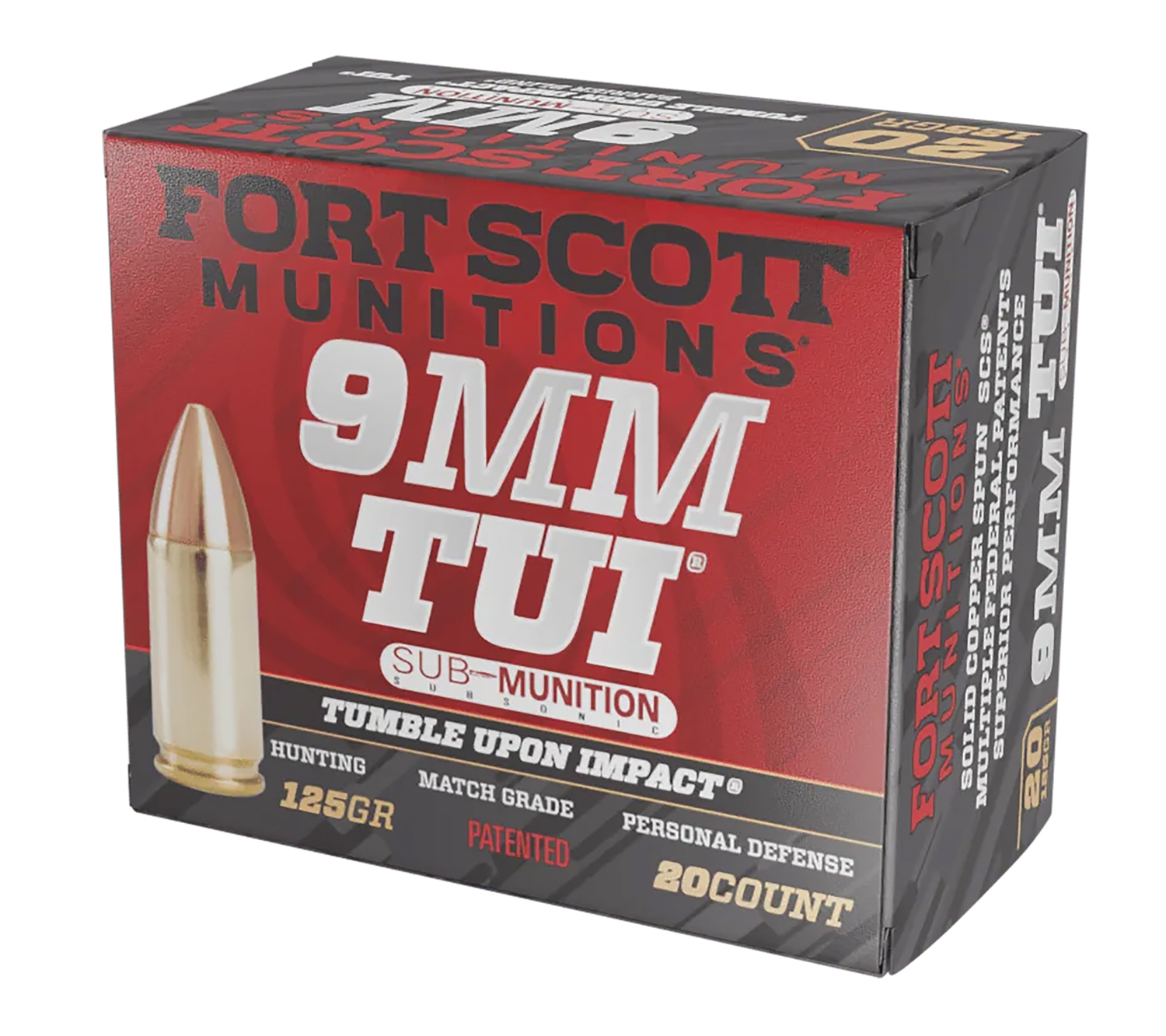 Fort Scott Munitions 9MM125SCVSS Tumble Upon Impact (TUI)  9mmLuger Subsonic 125gr Solid Copper Spun 20 Per Box/25 Case