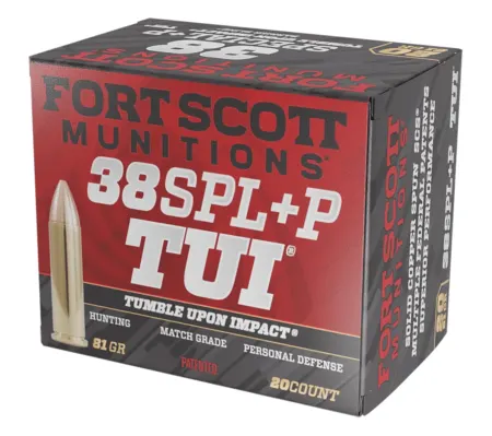 Fort Scott Munitions 38+P081SCV Tumble Upon Impact (TUI)  38Special+P 81gr Solid Copper Spun 20 Per Box/25 Case