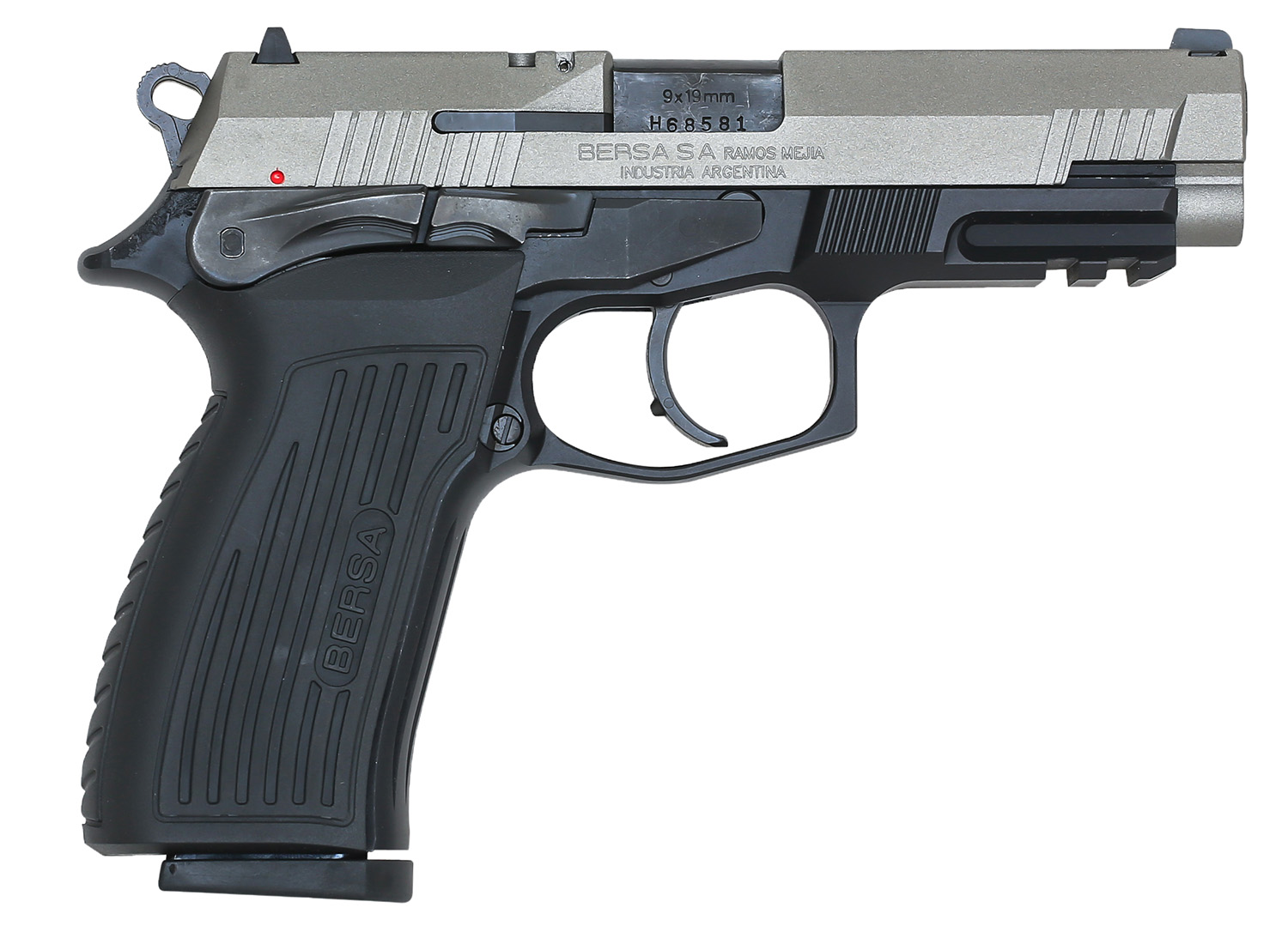 Bersa TPR9DT TPR  Full Size Frame 9mm Luger 17+1, 4.30" Black Steel Barrel, Nickel Cerakote Serrated Steel Slide, Matte Black Aluminum Frame w/Picatinny Rail, Ambidextrous