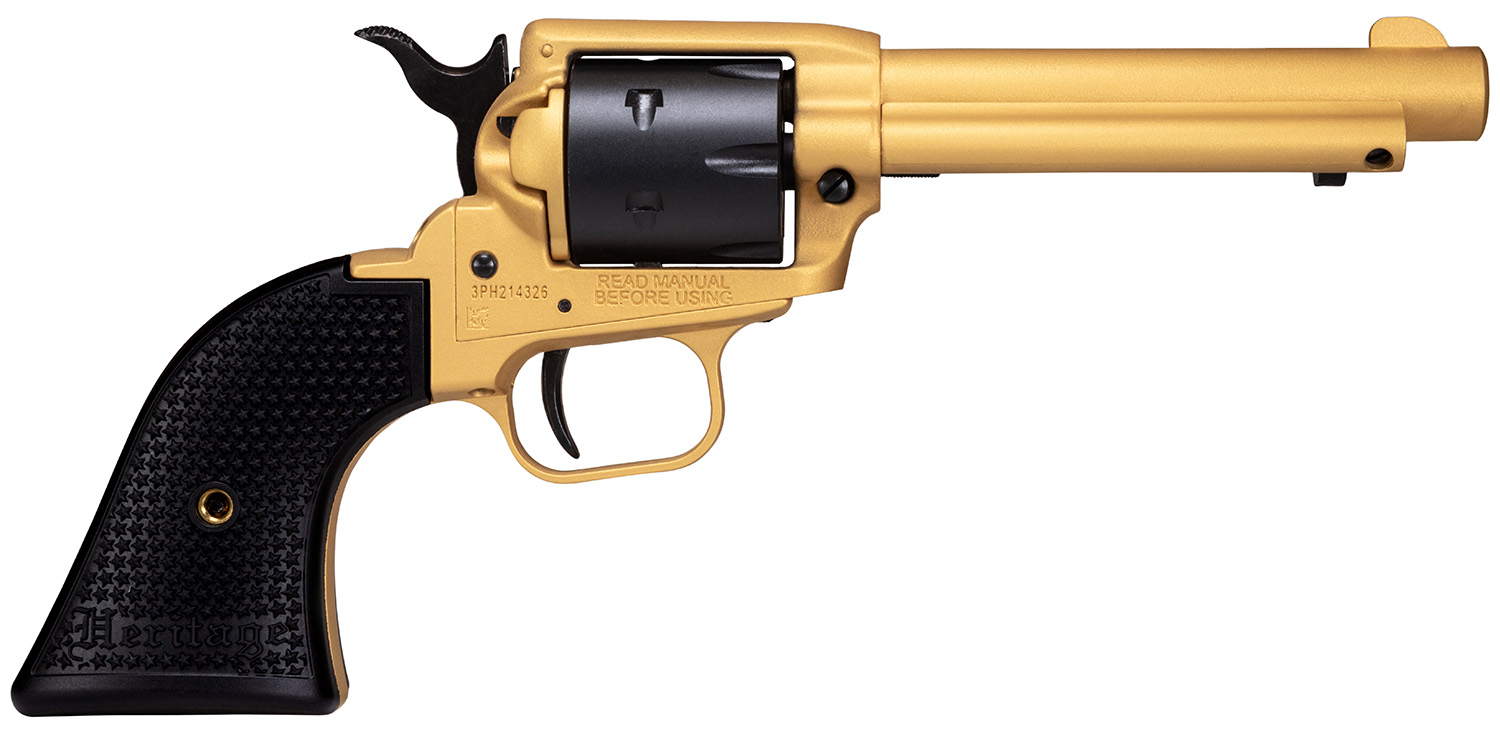 Heritage Mfg RR22S4 Rough Rider  22 LR 6 Shot 4.75" Gold Cerakote Steel Barrel & Frame, Black Satin Cylinder, Black Polymer Grips Features Black Accents