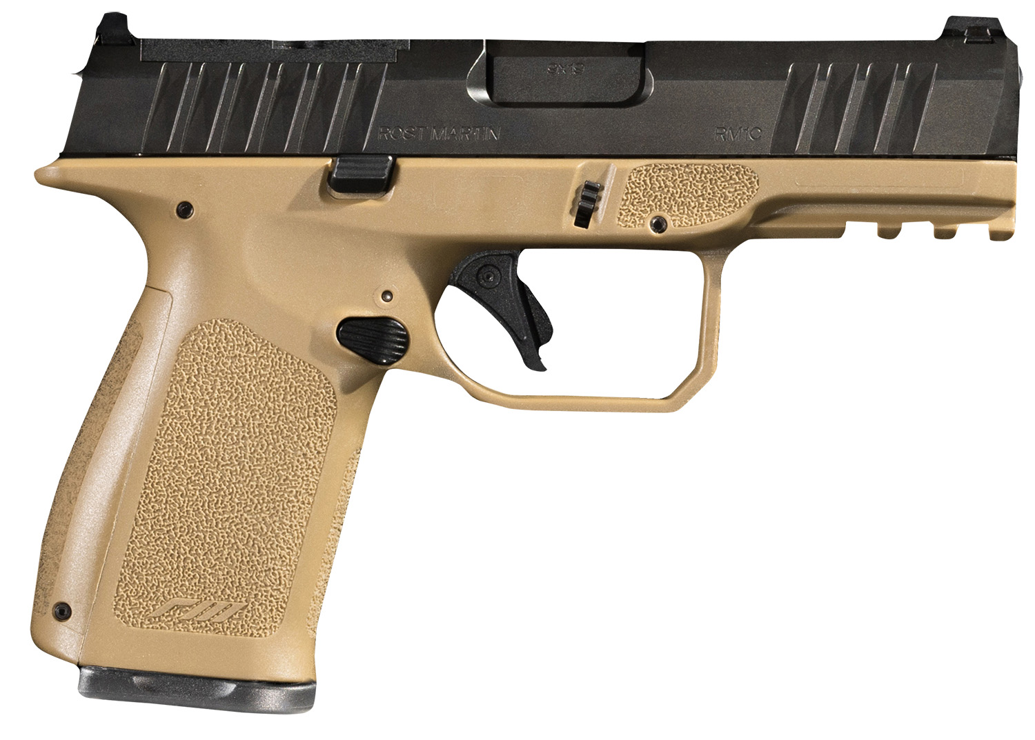 Rost Martin RM1CFDEOSP RM1C 9mm Luger 17+1 4" Black Match Grade Barrel, Black Tenifer Optic Ready/Serrated Steel Slide, Flat Dark Earth Polymer Frame w/Picatinny Rail, Textured Grip, Ambidextrous