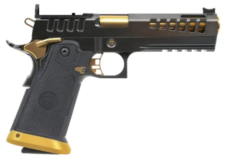 Watchtower Firearms DEMOLITIA9MM5ELITE Demolitia  Full Size Frame 9mm Luger 20+1 5" Gold Plated PVD Ported Barrel, Graphite PVD Optic Cut/Serrated Steel Slide, Graphite PVD Frame, Black Textured Grip