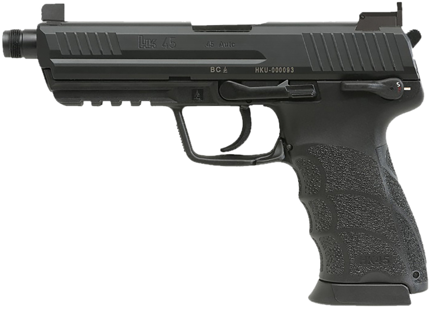 HK 81001117 HK45 V1 .45 ACP 10+1 4.46" Black Threaded Barrel, Black Cerakote Serrated Steel Slide, Black Polymer Frame w/Picatinny Rail, Ambidextrous