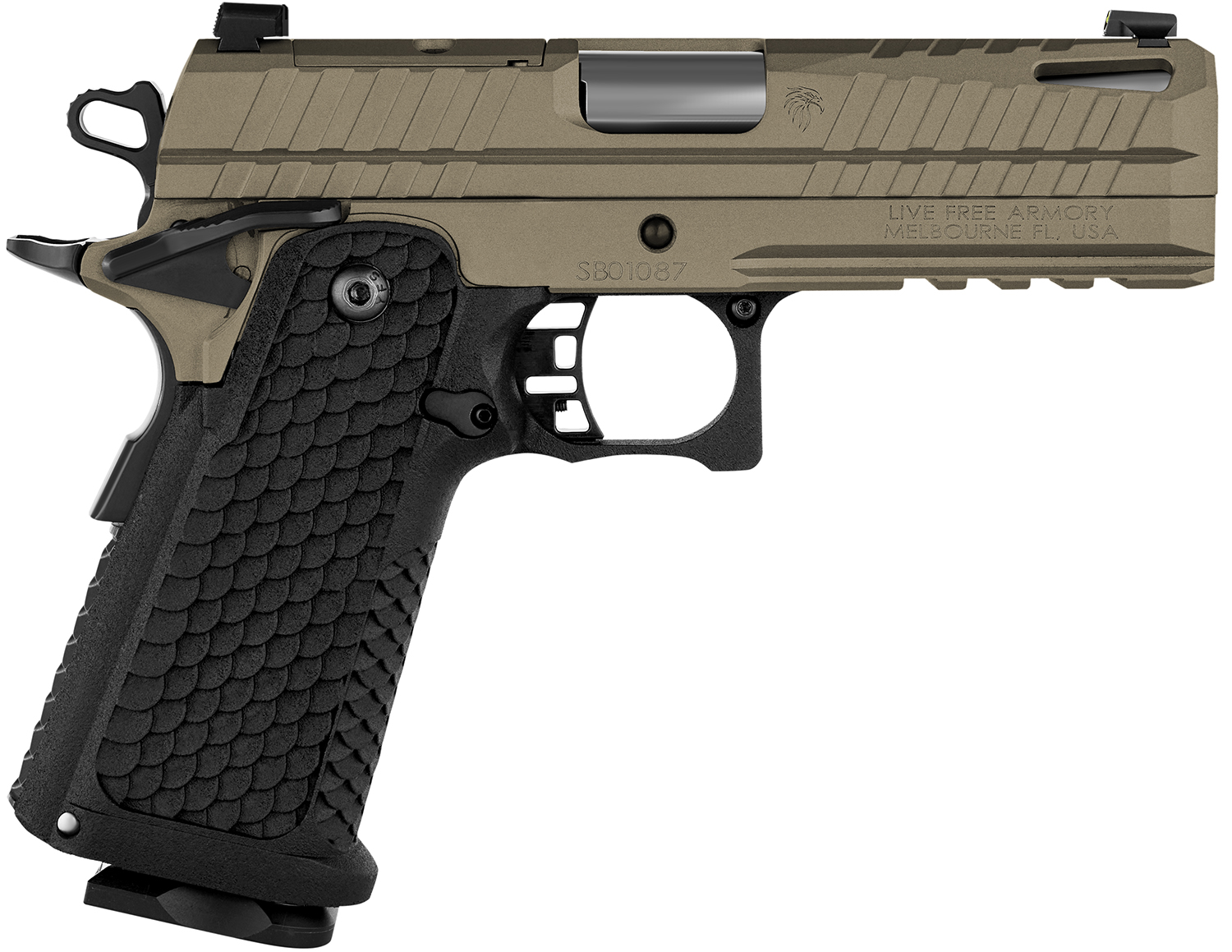 Live Free Armory LFAPF712086 Apollo 11  9mm 17+1 4.15" 416 Stainless Steel Slide Elite Flat Dark Earth Cerakote Black Polymer Grip