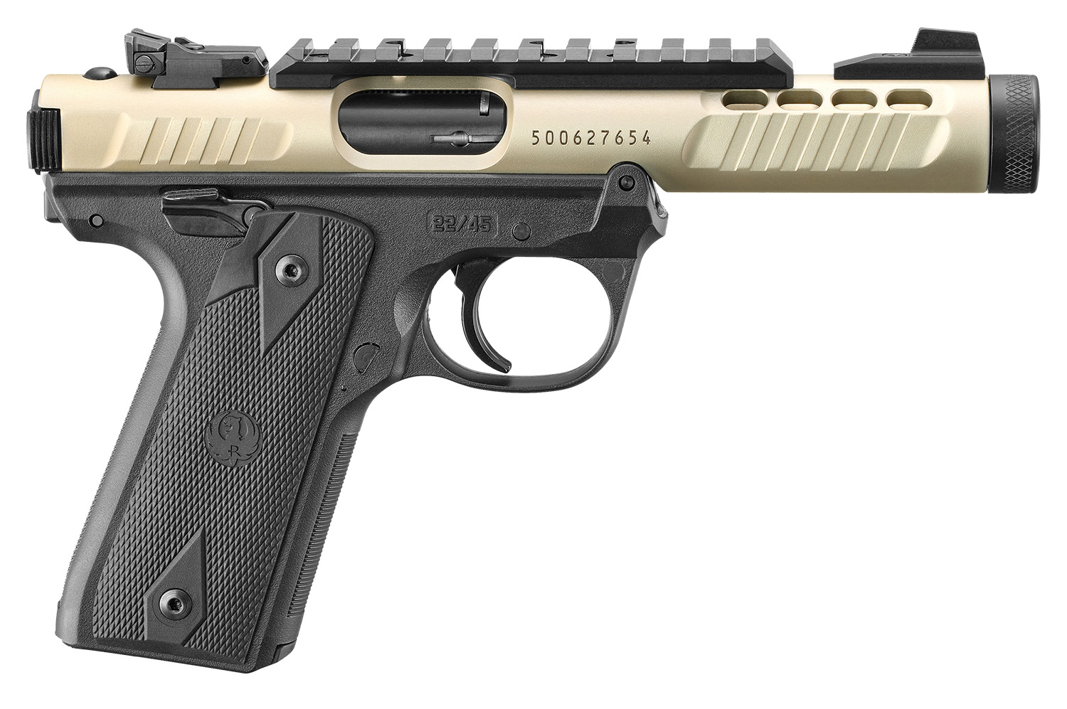 Ruger 43955 Mark IV 22/45 Lite 22 LR 10+1 4.40" Stainless Threaded Barrel, Champagne Anodized Serrated Slide w/Picatinny Rail, Black Anodized Polymer Frame, Black Checkered 1911-Style Grip