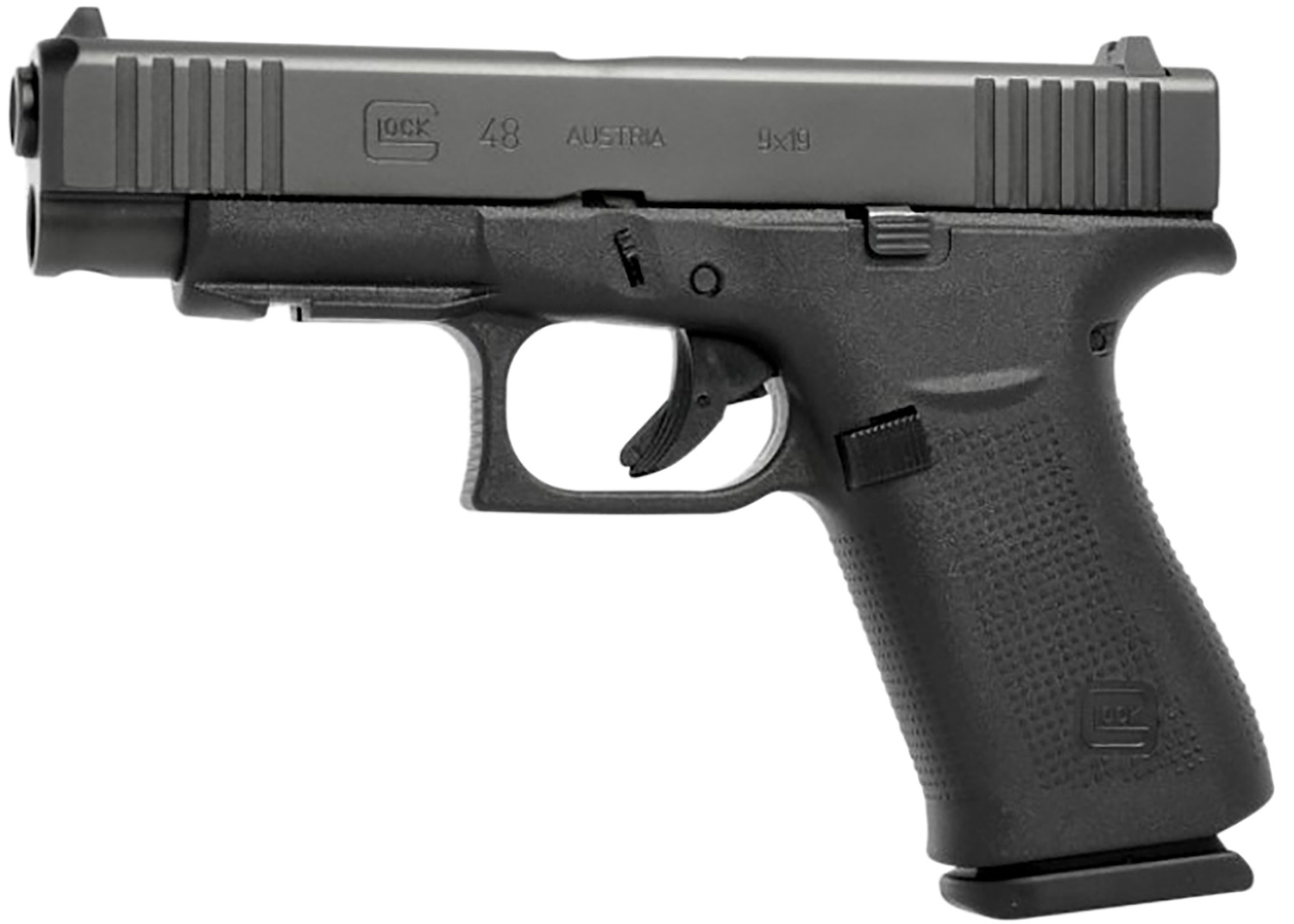 Glock PA4850201FR G48  Slim Compact Frame 9mm Luger 10+1 4.17" Black GMB Barrel, Black nDLC Serrated Steel Slide, Black Polymer Frame w/Beavertail & Front Rail, Black Textured Polymer Grip, Right Hand