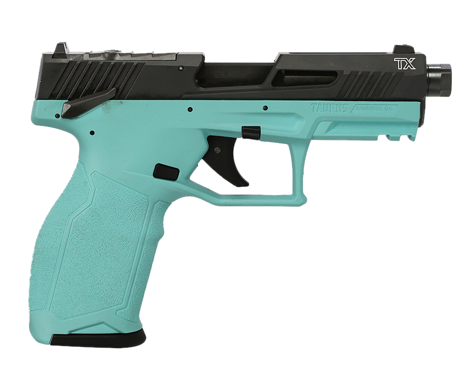 Taurus 1-2TX22P141C TX22 T.O.R.O. 22 LR 22+1 4.60" Matte Black Threaded Barrel, Black Hard Coat Anodized Optic Ready/Serrated Slide, Cyan Polymer Frame w/Picatinny Rail, Textured Grip
