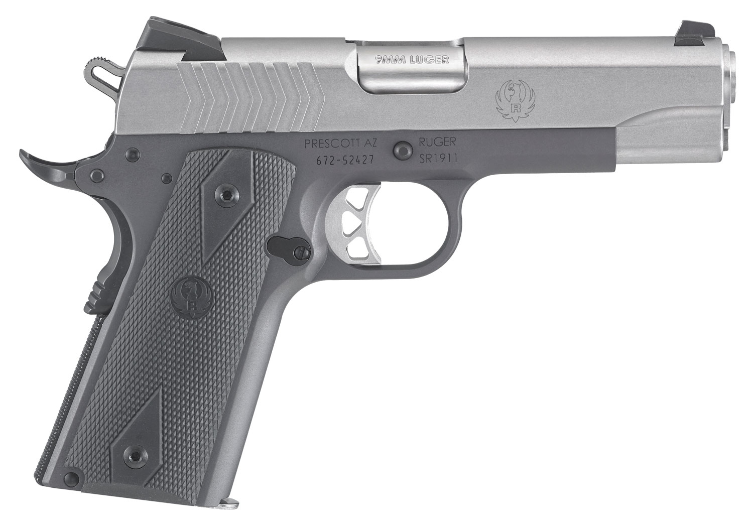 Ruger 6722 SR1911 Commander-Style 9mm Luger 9+1 4.25" Stainless Steel Barrel, Low-Glare Stainless Serrated Steel Slide, Tungsten Gray Cerakote Aluminum Frame w/Beavertail, Black Rubber Grip