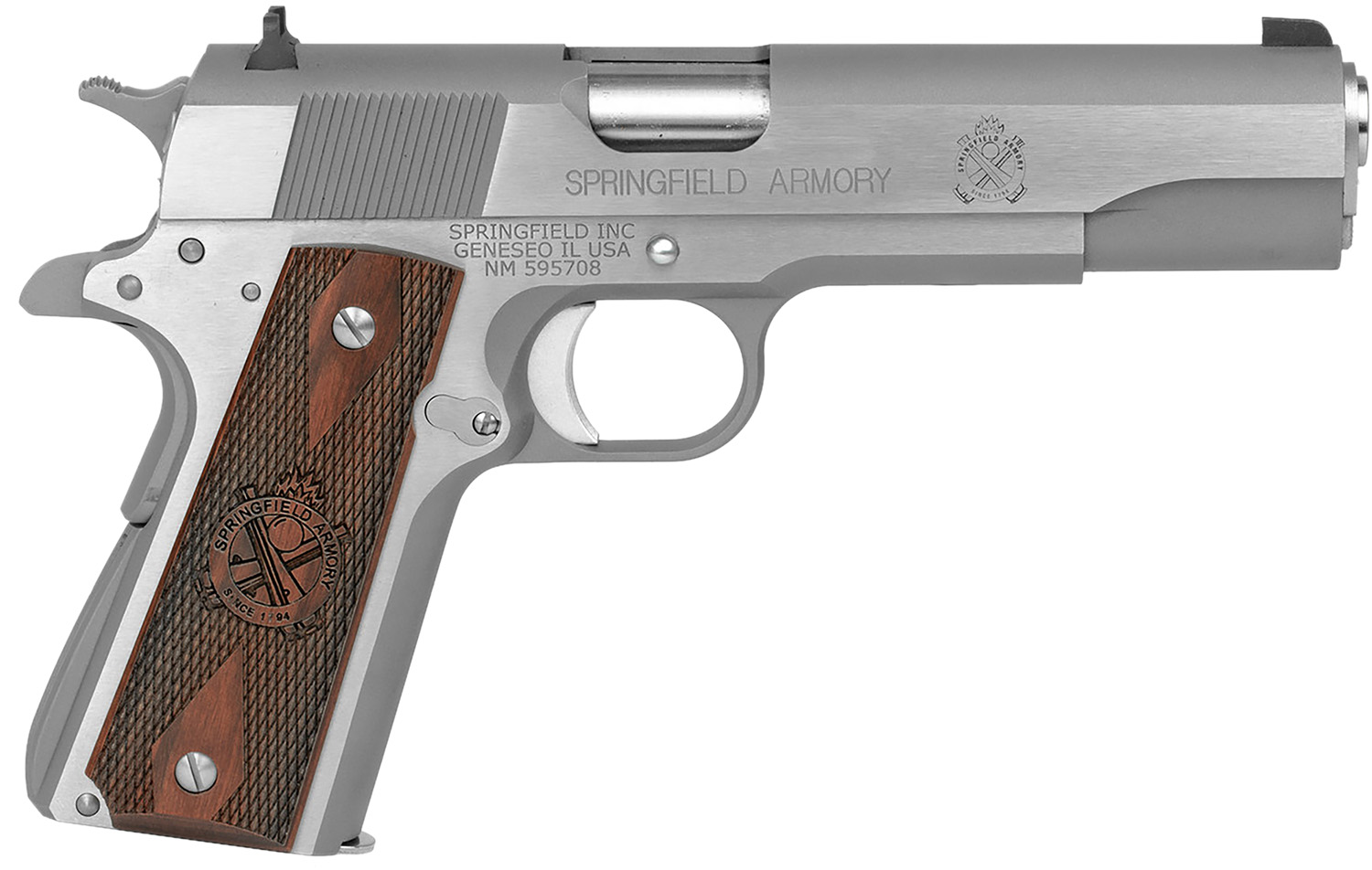 Springfield Armory PB9151LCA 1911 Mil-Spec *CA Compliant 45 ACP 7+1, 5" Stainless Match Grade Steel Barrel, Serrated Stainless Steel Slide & Frame w/Beavertail, Crossed Cannon Cocobolo Grip