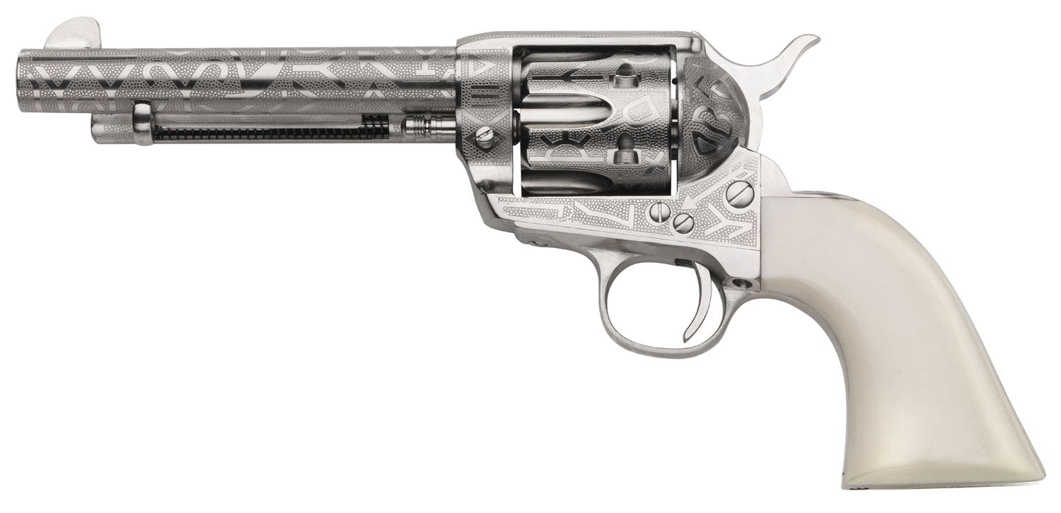 Taylors & Company 200061 1873 Cattle Brand 45 Colt (LC) Caliber with 5.50" Barrel, 6rd Capacity Cylinder, Overall Nickel-Plated Engraved Finish Steel & Ivory Synthetic Grip