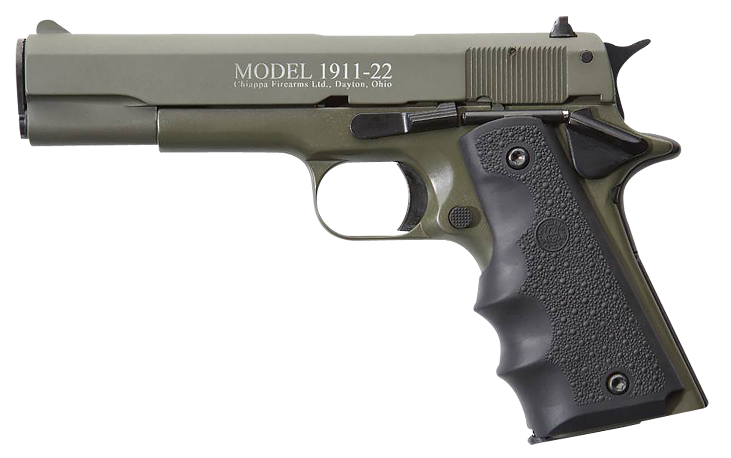 Chiappa Firearms 401121 1911-22  22 LR 10+1 5" OD Green Serrated Steel Slide & Beavertail Frame, Black Hogue Rubber w/Finger Grooves Grip