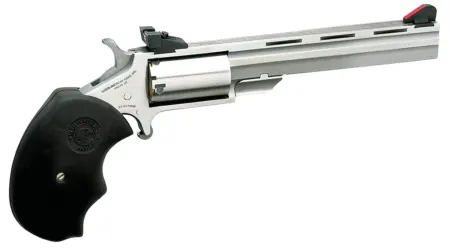 North American Arms MMTM Mini-Master *CA Compliant 22 WMR 5 Shot 4" Vent Rib Barrel, Overall Stainless Steel Finish, Finger Grooved Black Rubber Grip, Adjustable Sights