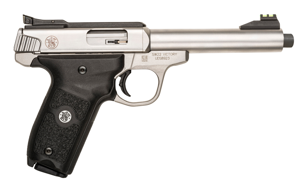 Smith & Wesson 10201 SW22 Victory Full Size Frame 22 LR 10+1, 5.50" Satin Stainless Steel Threaded Barrel, Slide & Frame, Black Textured Grip, Thumb Safety