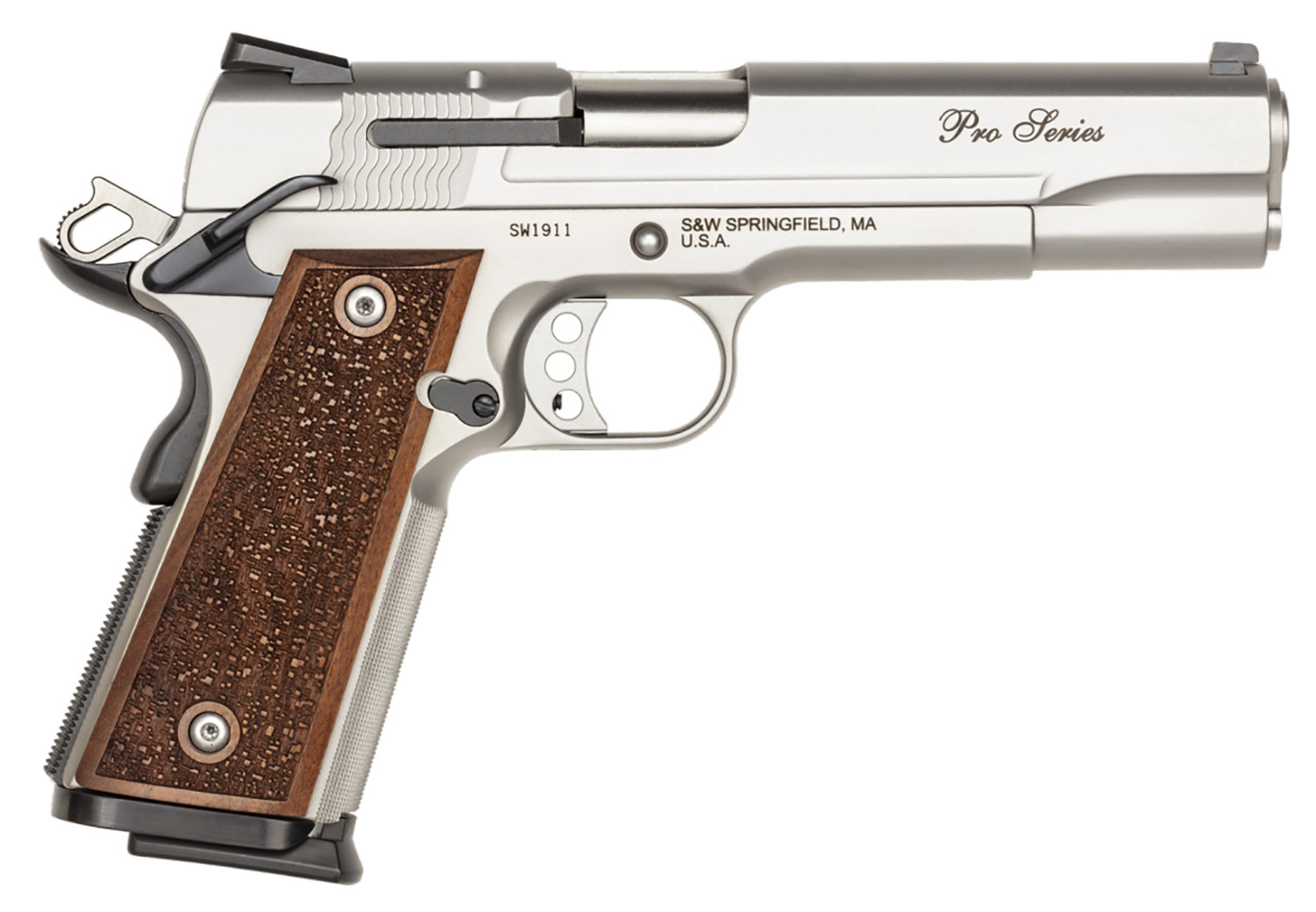 Smith & Wesson 178017 1911 Performance Center Pro  Full Size Frame 9mm Luger 10+1, 5" Stainless Steel Barrel, Matte Silver Serrated Stainless Steel Slide & Frame w/Beavertail, Wood Grip