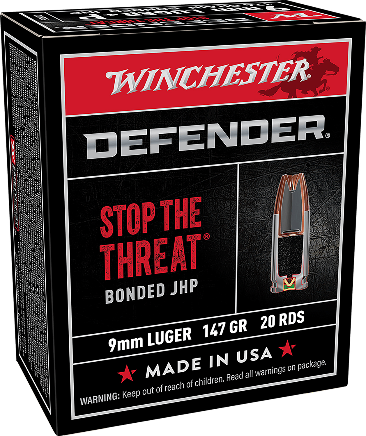 Winchester Ammo S9MMPDB1 Defender  9mmLuger 147gr Bonded Jacket Hollow Point 20 Per Box/10 Case