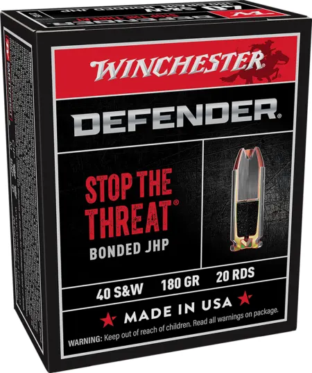 Winchester Ammo S40SWPDB1 Defender  40S&W 180gr Bonded Jacket Hollow Point 20 Per Box/10 Case