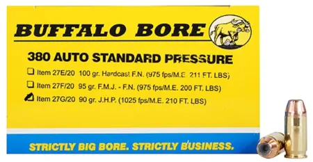 Buffalo Bore Ammunition 27G20 Standard Pressure Strictly Business 380ACP 90gr Jacket Hollow Point 20 Per Box/12 Case