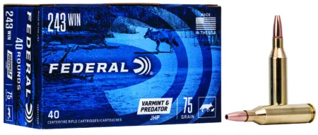 Federal AE24375VP American Eagle Varmint & Predator 243Win 75gr Jacketed Hollow Point 40 Per Box/5 Case