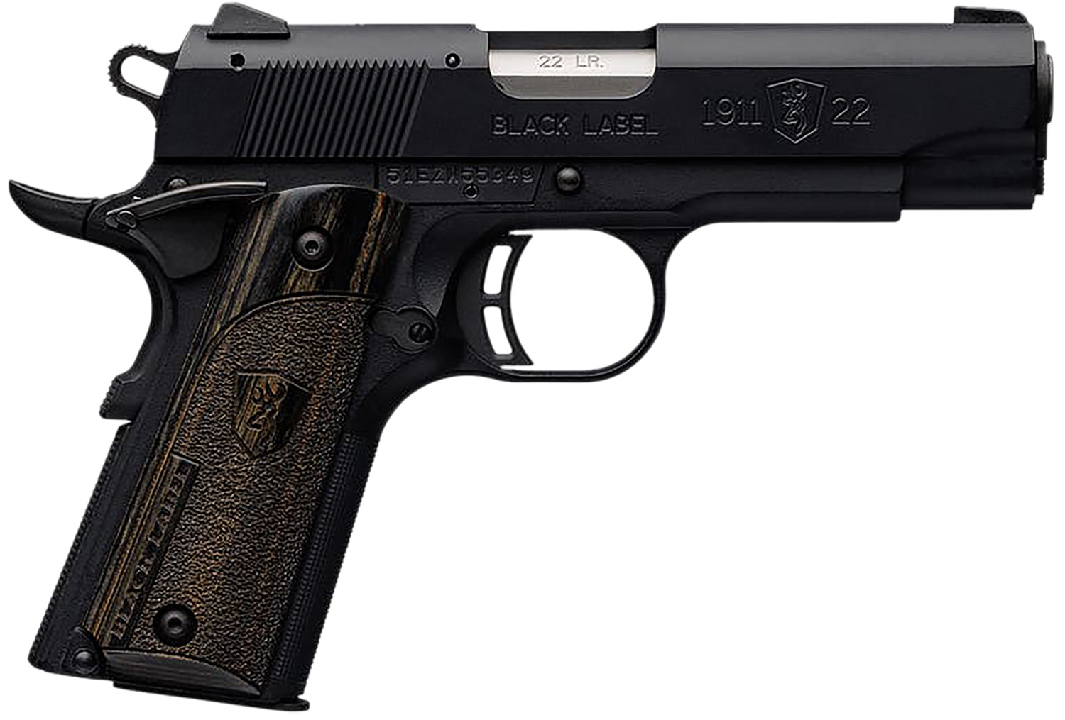 Browning 051815490 1911-22 Black Label Compact 22 LR 10+1 3.63" Stainless Steel Barrel, Matte Black Serrated Slide & Polymer Frame w/Beavertail, Black Laminate Stippled Grip