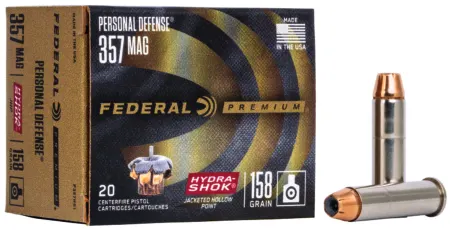 Federal P357HS1 Premium Personal Defense 357Mag 158gr Hydra-Shok Jacketed Hollow Point 20 Per Box/25 Case