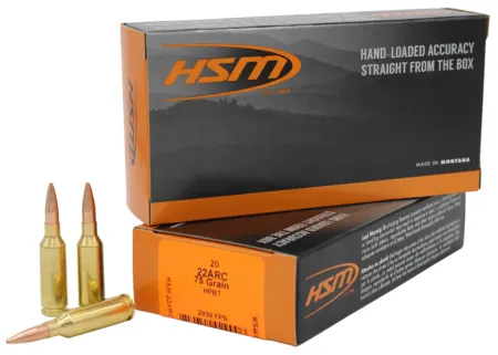 HSM 22ARC1N Varmint  22ARC 75gr Hollow Point Boat Tail 20 Per Box/25 Case