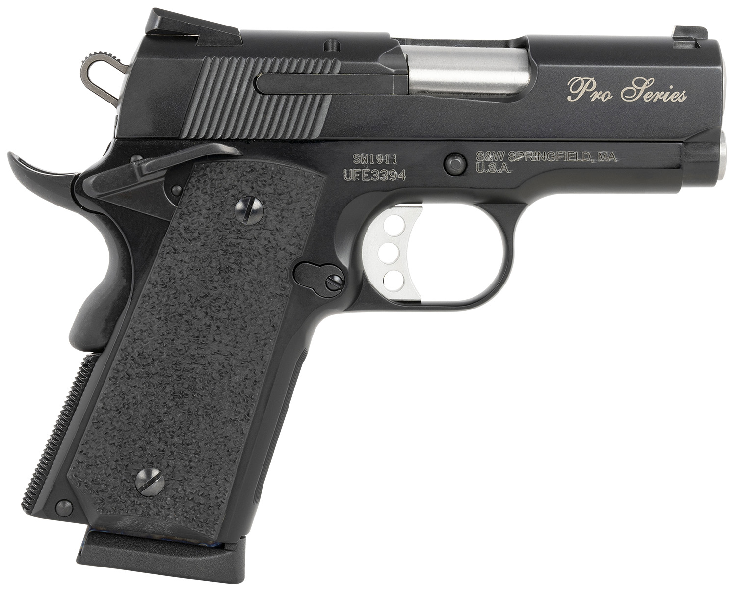 Smith & Wesson 178020 PC 1911 Pro Sub-Compact Frame 45 ACP 7+1, 3" Stainless Steel Barrel, Black Serrated Carbon Steel Slide, Black Aluminum Frame w/Beavertail, Black Stippled Grip