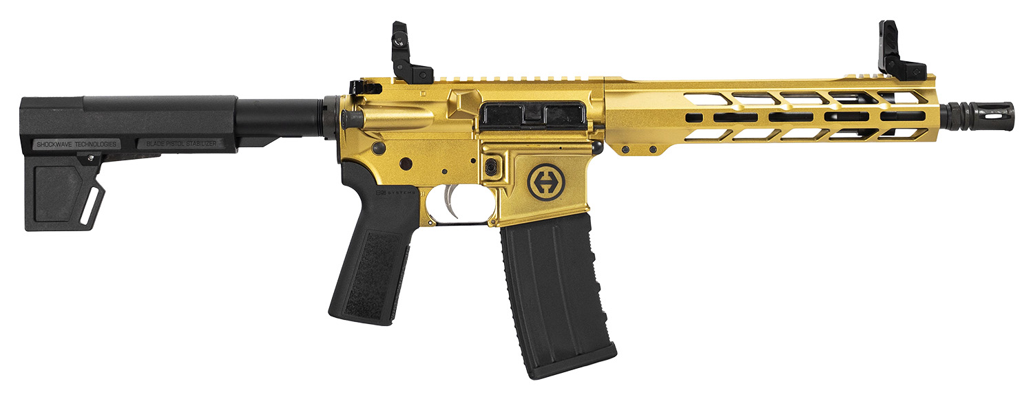 Hi-Point HP15P-556GOLD HP 15P 5.56 NATO 30+1 10.50" Black Threaded Barrel, Gold Aluminum Receiver w/Picatinny Rail, M-LOK Handguard, Blade Black Polymer Brace, Black B5 P Type 23 Grip