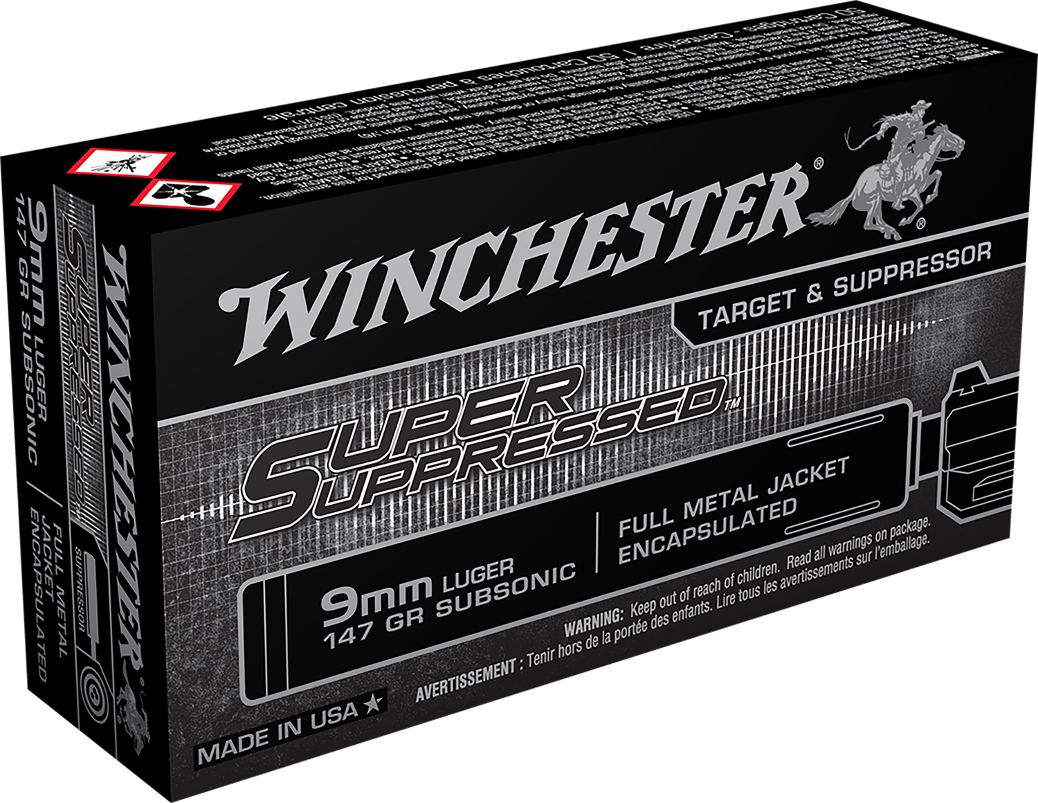 Winchester Ammo SUP9 Super Suppressed  9mmLuger Subsonic 147gr Encapsulated Full Metal Jacket 50 Per Box/10 Case