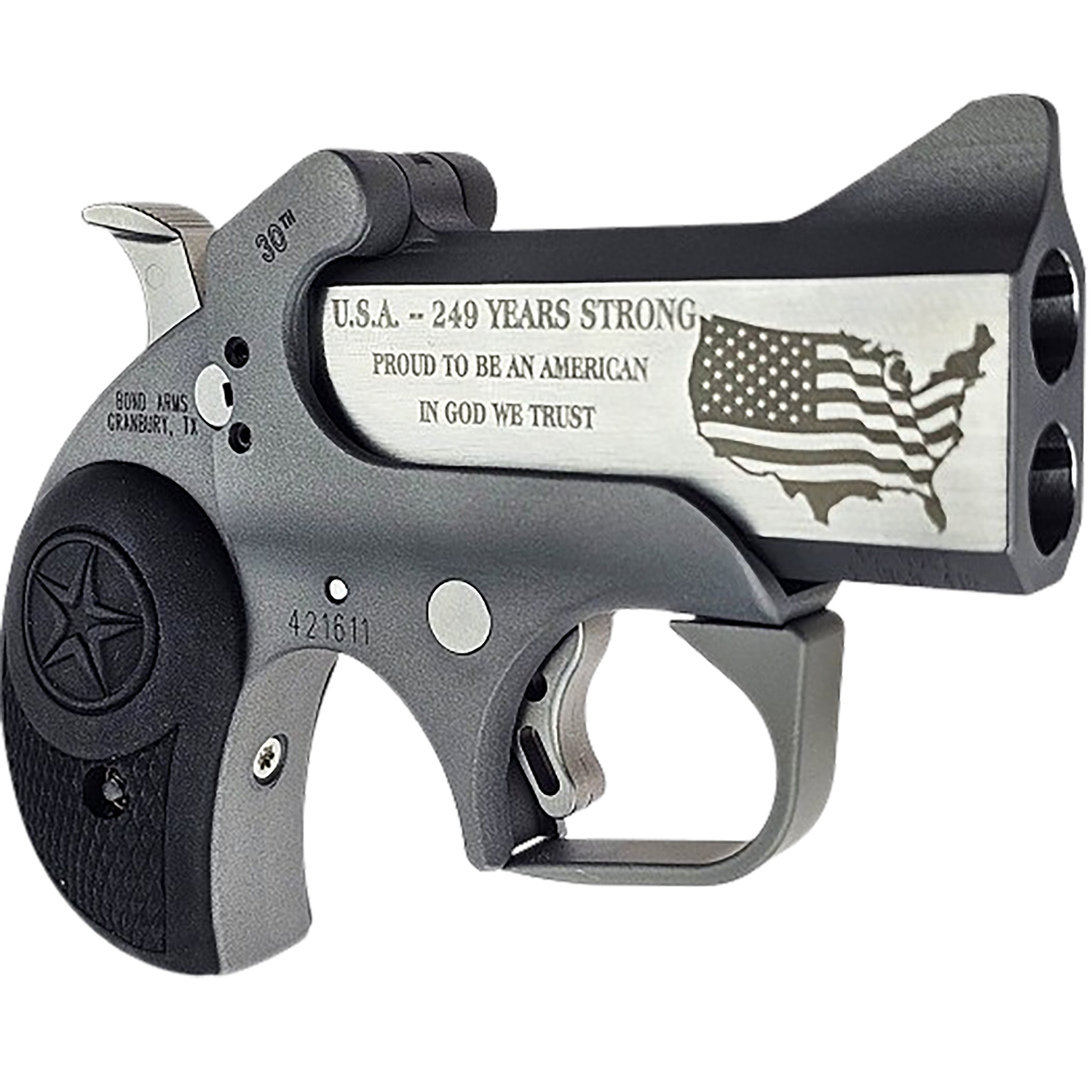 Bond Arms BA30TH-45LC/410 30th XL  45 Colt (Long Colt)/410 Gauge 2 Shot 3" Engraved Matte Stainless Steel Barrel, Rough Matte Stainless Steel Frame, Black Nylon Grips