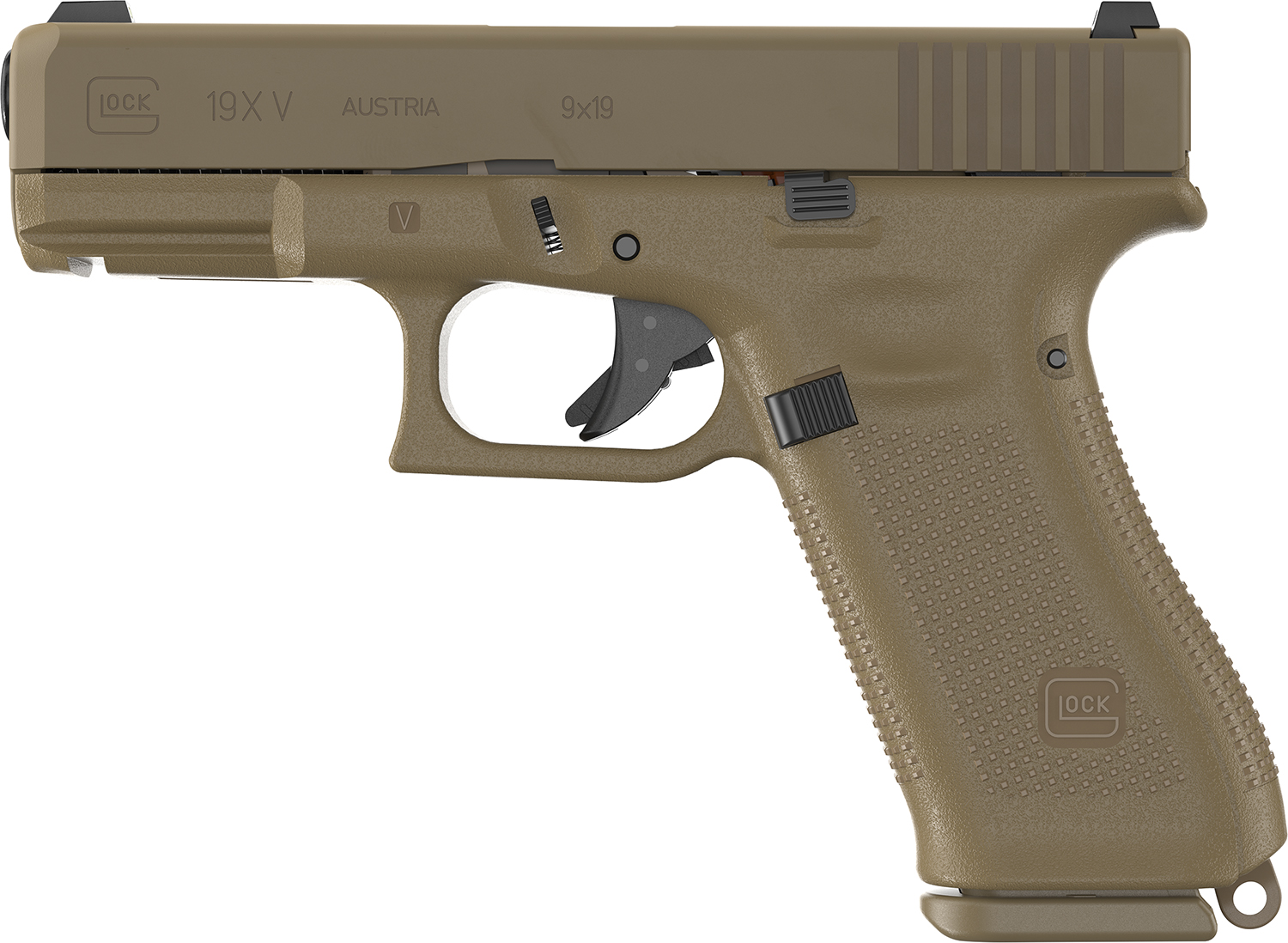 Glock UV1950701X G19X V 9mm Luger 10+1 4.02" Black GMB Barrel, Coyote nPVD Steel Serrated Slide, Coyote Brown Polymer Frame, Textured Polymer Grip, Ambidextrous