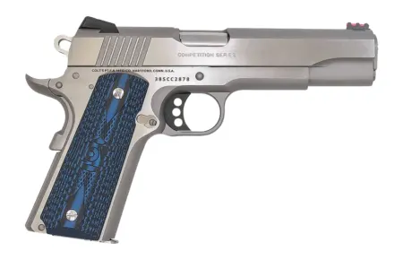 Colt Mfg O1073CCP Competition  38 Super 9+1 5" National Match Barrel, Stainless Steel Serrated Slide, Stainless Steel Frame w/Beavertail, Competition Blue G10 Grip