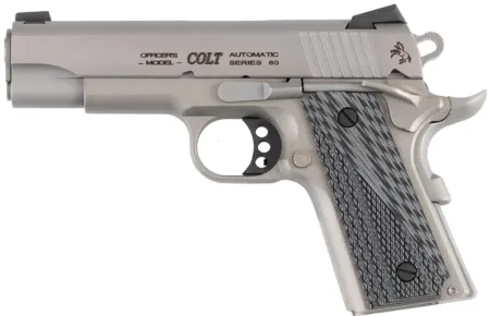 Colt Mfg O9840XE Officer Lightweight 45 ACP 7+1 4.25" Stainless Steel Barrel, Stainless Cerakote Stainless Steel Serrated Slide, Stainless Cerakote Aluminum Frame w/Beavertail, Black/Gray G10 Grip