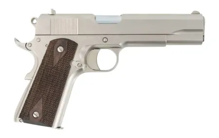Tisas Arms 10100562 1911 A1 Stakeout 9mm Luger 38 Super 5" Stainless Steel Barrel, Nickel Carbon Steel Serrated Slide & Frame w/Beavertail, Walnut Grip