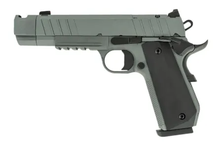Tisas Arms 10100135 1911 Night Stalker Carry 45 ACP 8+1 4.25" Black Bull Barrel, Gray Cerakote Carbon Steel Serrated Slide, Gray Cerakote Carbon Steel Frame w/Beavertail & Picatinny Rail, Black Rubber