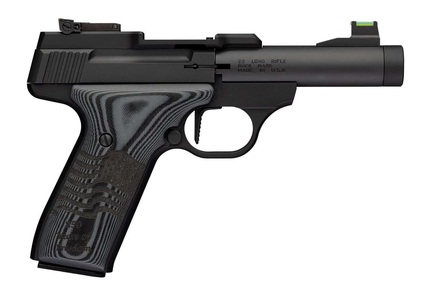 Browning 051611490 Buck Mark Black Label 250 SR 22 LR 10+1 4" Matte Black Bull Threaded Barrel, Optics Cut Receiver, Matte Black Aluminum Frame,  Black G10 Grip w/ Inscribed Waving Flag, RMSc Footprin