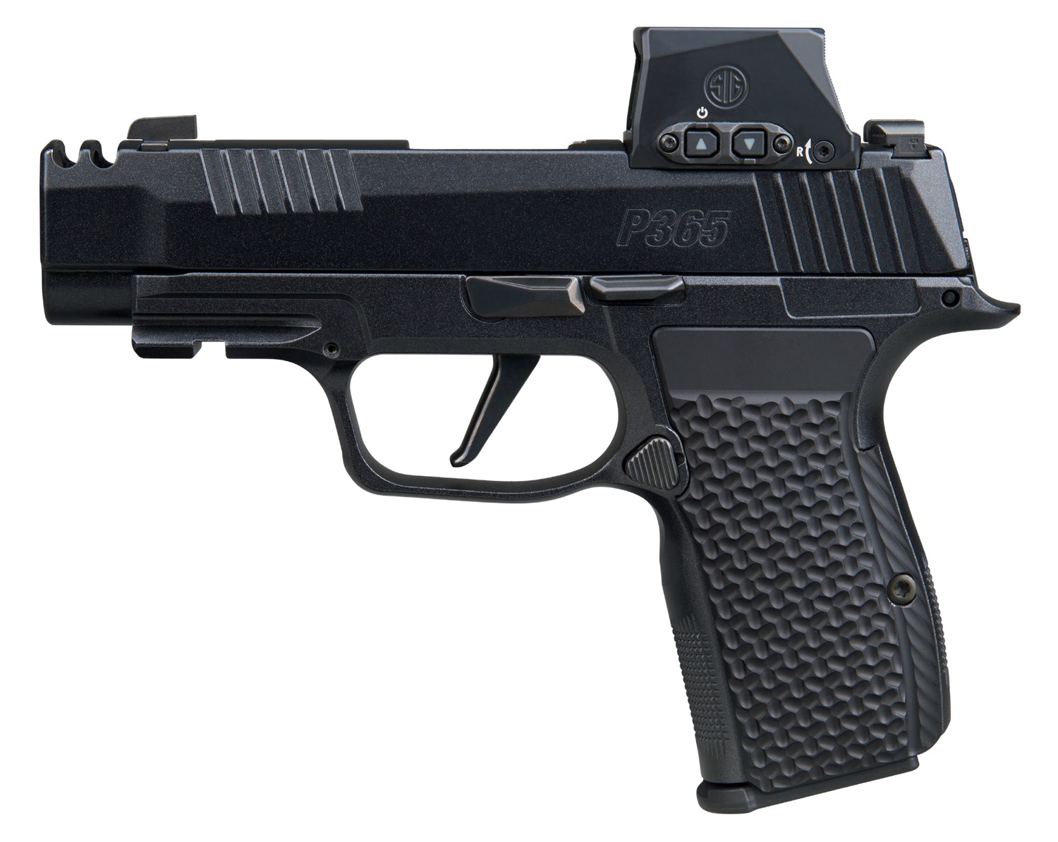 Sig Sauer  P365 AXG LUXE w/Optic Micro-Compact 380 ACP 12+1 3.10" Black Barrel, Black Pearlescent Cerakote Stainless Steel Integrated Compensator/Optic Ready/Serrated Slide, Black Frame w/Picatinny Ra