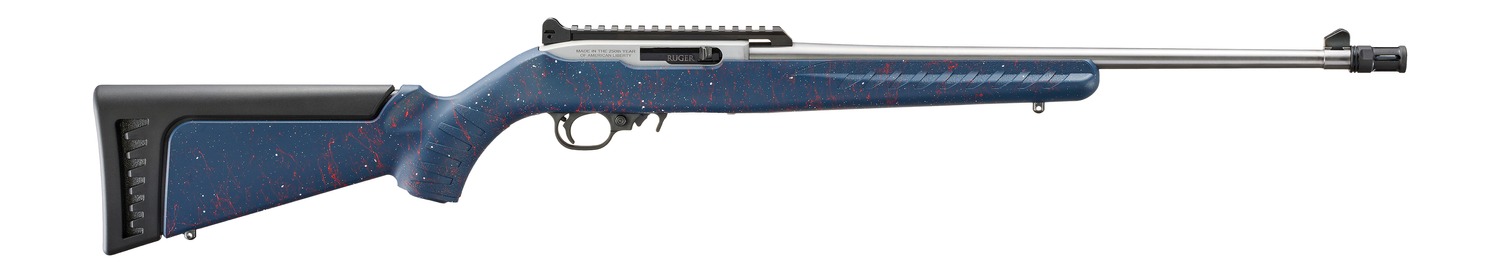 Ruger 32039 10/22 250th Anniversary 22 LR 10+1 18.50" Satin Stainless Threaded Barrel, Engraved Satin Stainless Steel Receiver w/Picatinny Rail, Liberty Blue w/Red & White Splatter Ruger Modular Syste