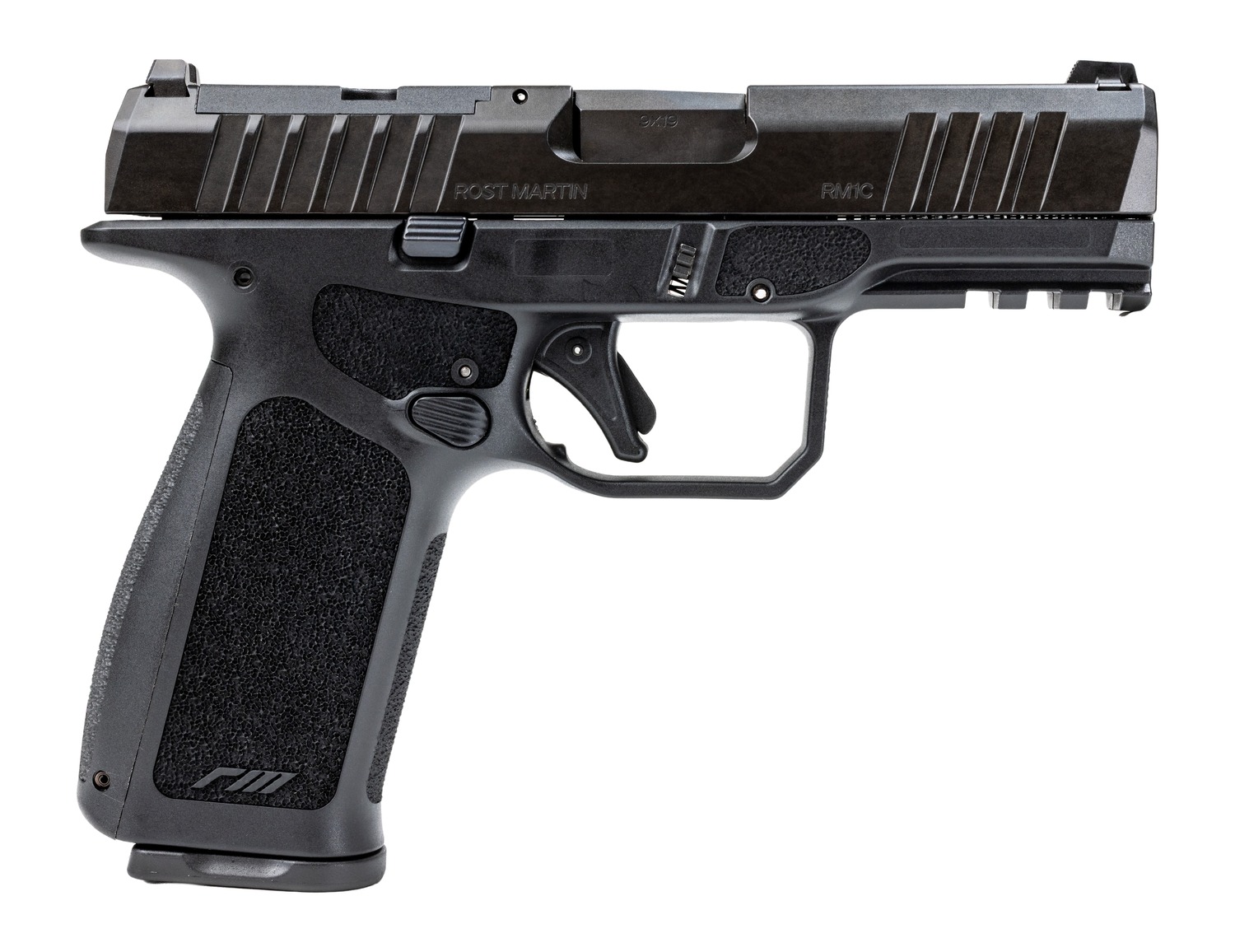 Rost Martin RM1CXBLKOSP10CA RM1X *CA Compliant Compact 9mm Luger 10+1 4" Black Match Grade Barrel, Black Nitrocarburized Steel Optic Ready/Serrated Slide, Black Polymer Frame w/Picatinny Rail, Interch