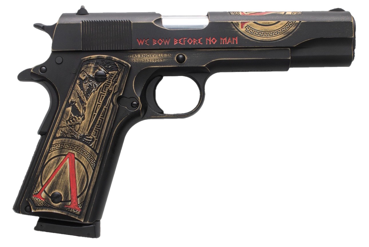 Tisas Arms 10100518AA1 1911 Spartan Full Size 45 ACP 7+1 5" Distressed Multi-Color Cerakote Serrated Slide & Carbon Steel Frame w/Beavertail, Aluminum Cerakote w/Engraving Grip