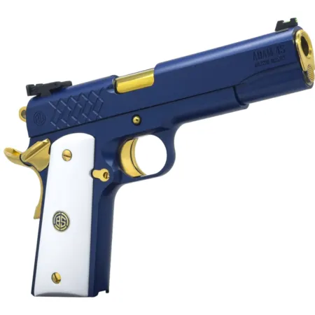 Dickinson LLC DKSN45SM Adam 1911 Sapphire Full Size 45 ACP 8+1 5" Gold Barrel, Blue Sapphire Steel Slide & Frame w/Beavertail White Grip