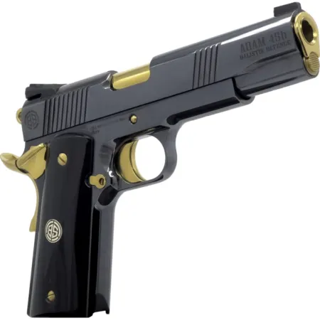 Dickinson LLC DKSN45AB Adam 1911 Acoustic Full Size 45 ACP 8+1 5" Gold Barrel, Shiny Black Steel B Serrations Slide, Shiny Black Steel Frame w/Beavertail